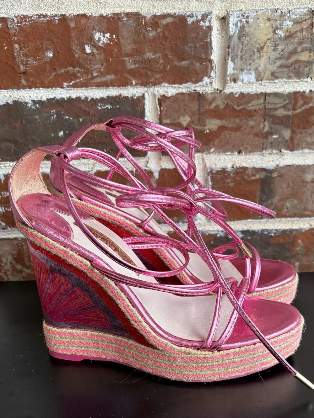 Sophia Webster Mimi Espadrille Wedge Sandals Metallic Citrus Pink EU Size 39